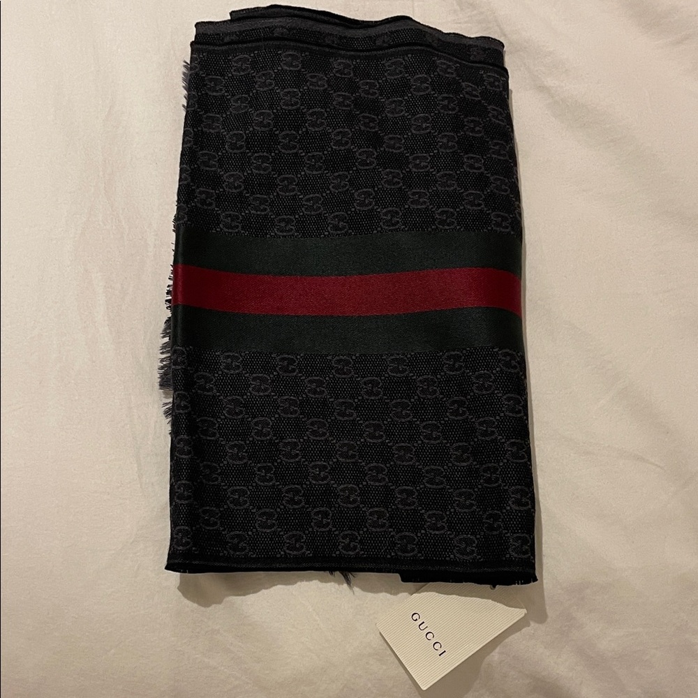 Gucci Winter Scarf, Wool and Silk with GG Pattern Webbing Lines